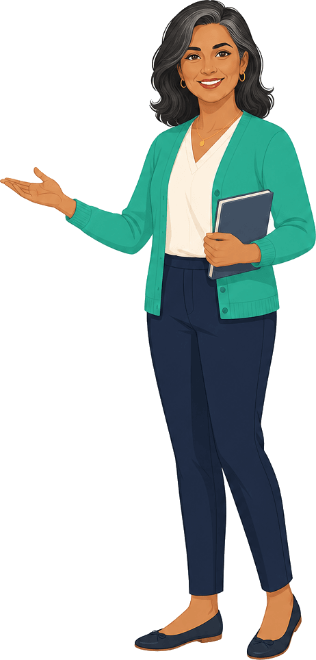 Illustrated LLQP exam coach holding a study book and gesturing encouragingly