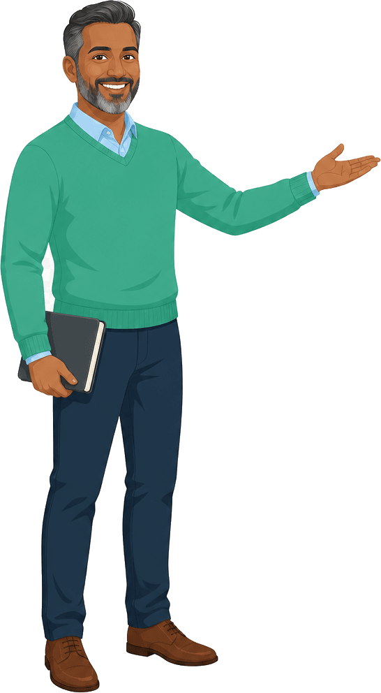 Illustrated LLQP study guide holding a notebook and gesturing toward exam prep content